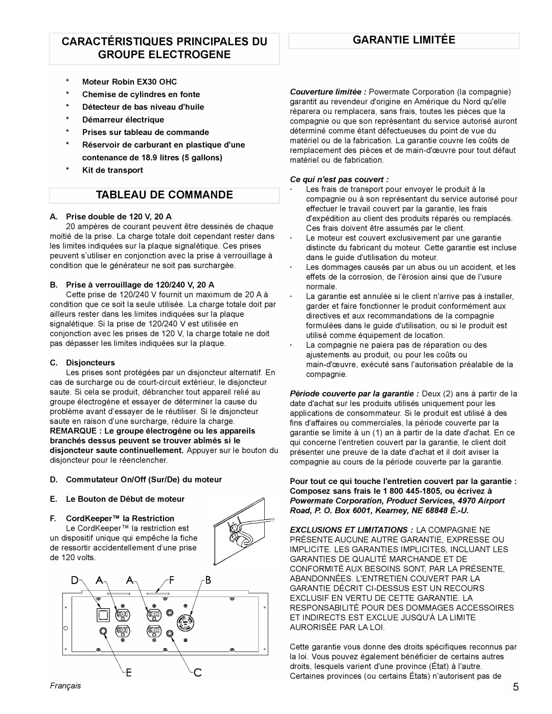 Powermate PM0435004 manual Tableau DE Commande, Prise double de 120 V, 20 a, Prise à verrouillage de 120/240 V, 20 a 