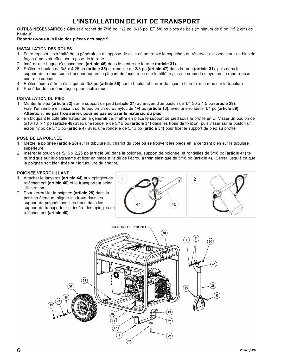 Powermate PM0435004 Linstallation DE KIT DE Transport, Installation DES Roues, Installation DU Pied, Pose DE LA Poignee 