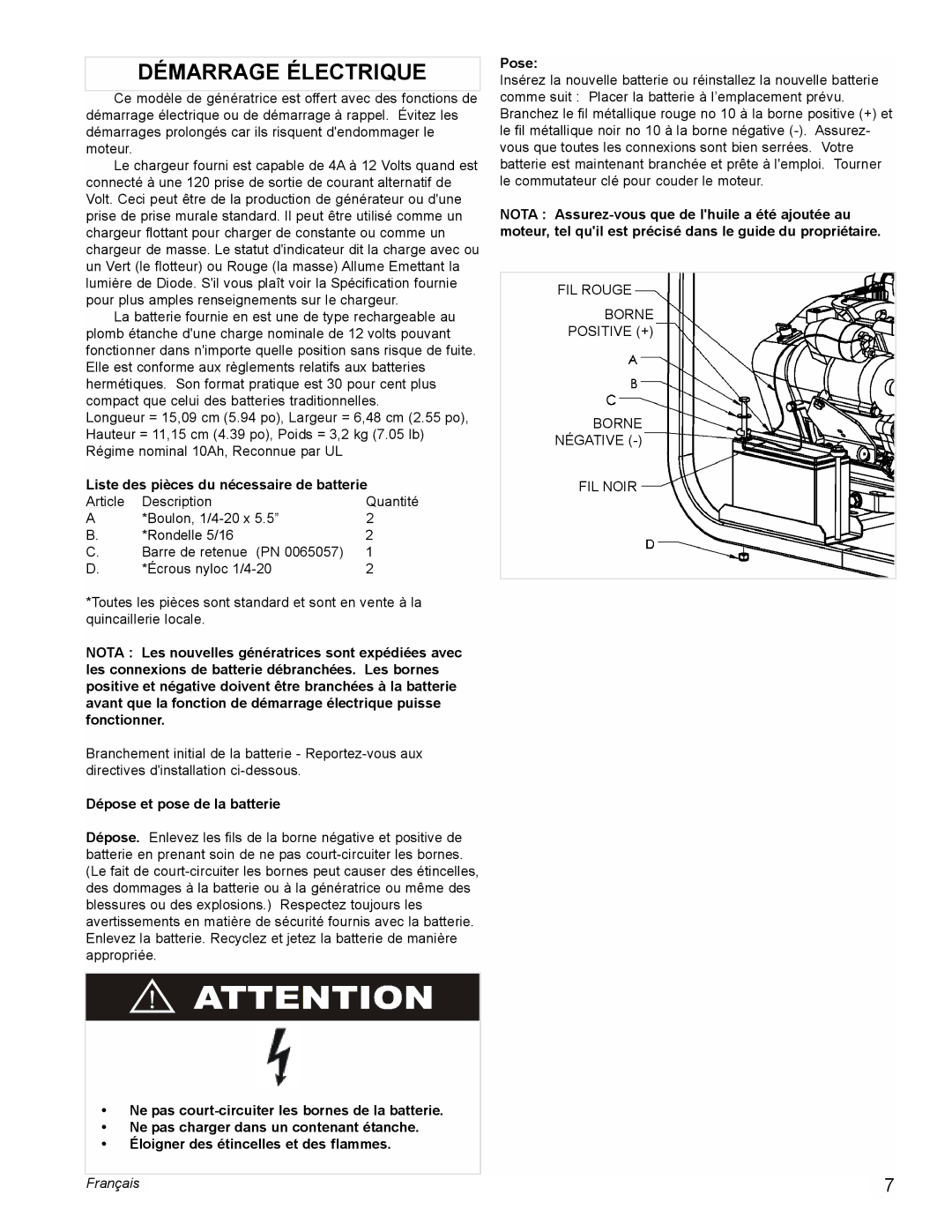 Powermate PM0435004 manual Démarrage Électrique, Liste des pièces du nécessaire de batterie, Dépose et pose de la batterie 