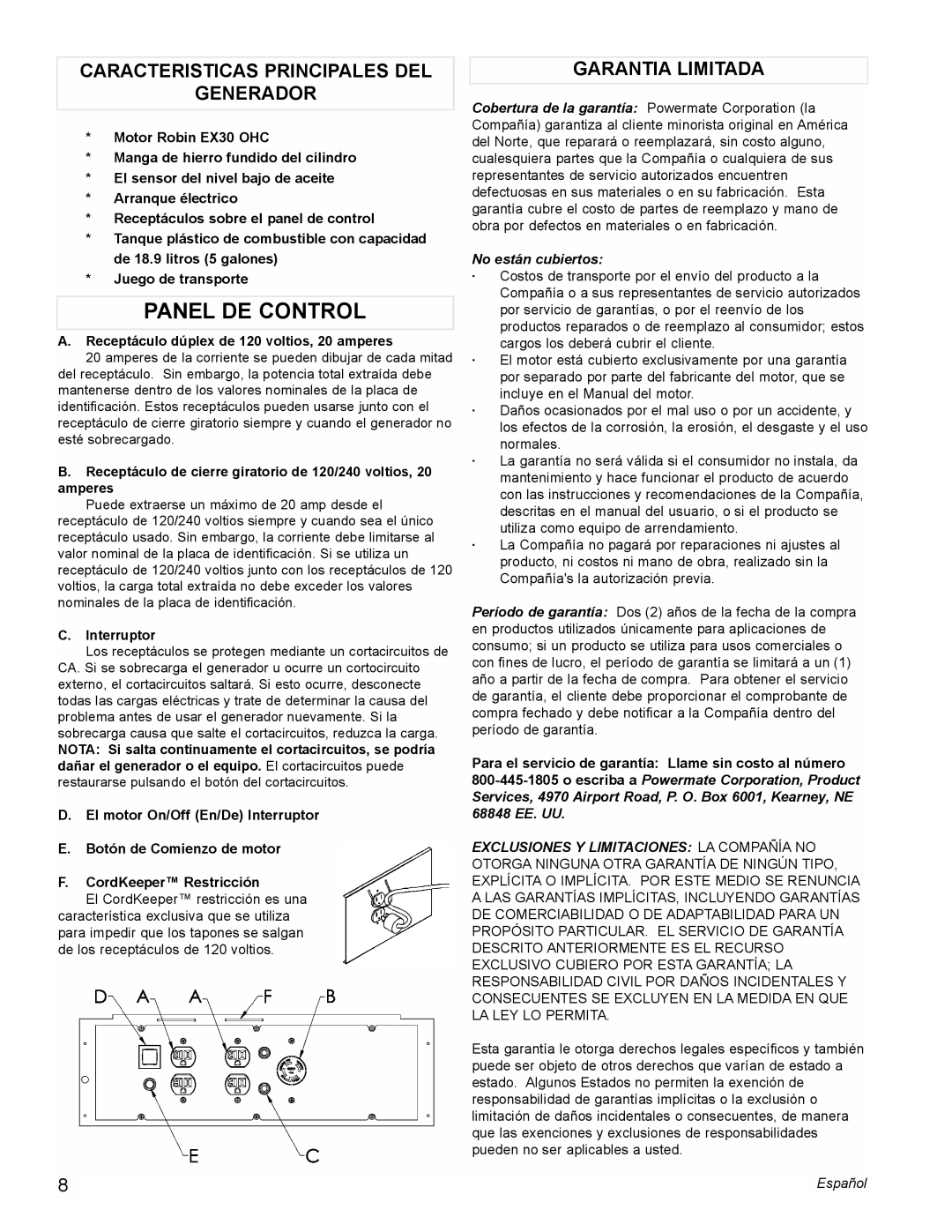 Powermate PM0435004 manual Panel DE Control, Caracteristicas Principales DEL Generador, Garantia Limitada, Interruptor 