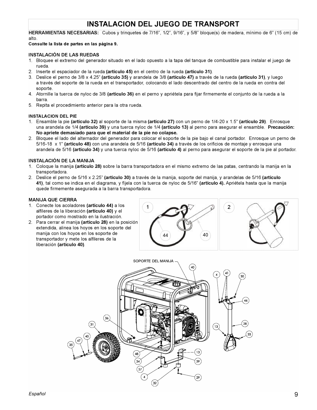 Powermate PM0435004 manual Instalacion DEL Juego DE Transport, Instalación DE LAS Ruedas, Instalación DE LA Manija 