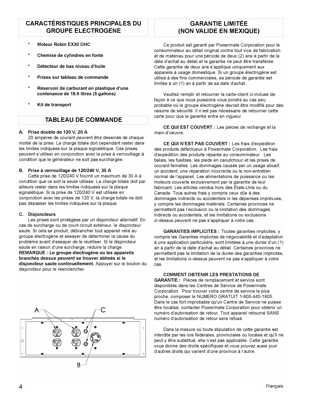Powermate PM0435250 manual Caractéristiques Principales Du, Groupe Electrogene, Tableau De Commande, Moteur Robin EX30 OHC 