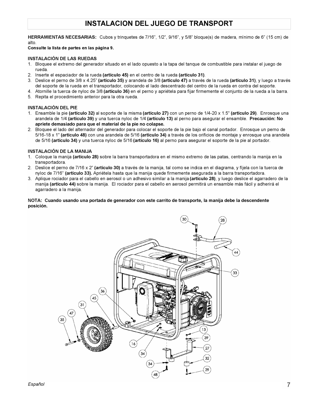 Powermate PM0435250 manual Instalacion Del Juego De Transport, Instalación De Las Ruedas, Instalación Del Pie, Español 