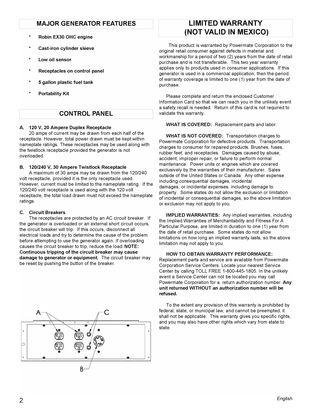 Powermate PM0435250 manual Major Generator Features, Control Panel, 120 V, 20 Ampere Duplex Receptacle, Circuit Breakers 