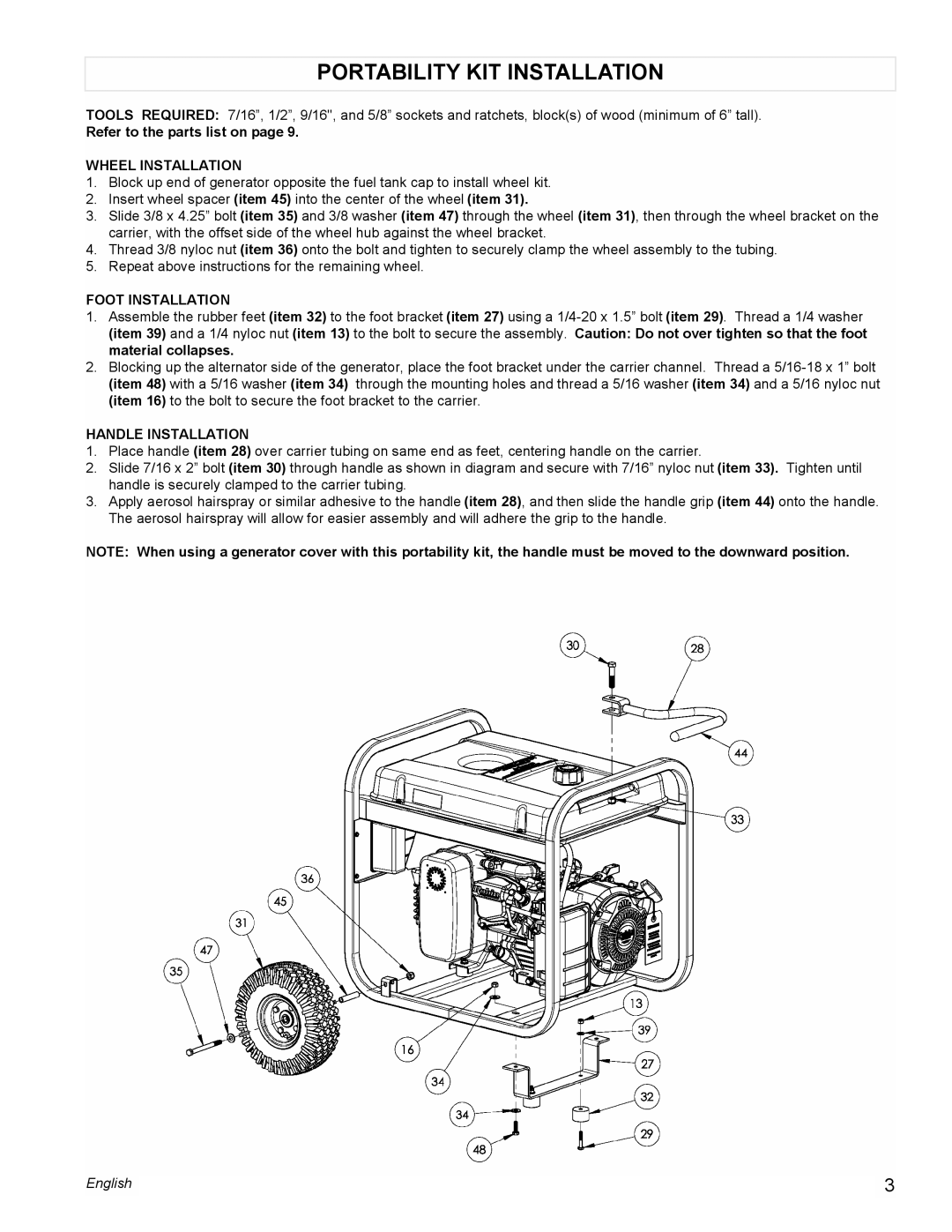 Powermate PM0435250 manual Portability KIT Installation, Refer to the parts list on, Wheel Installation, Foot Installation 