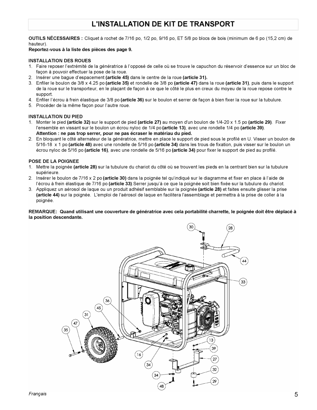 Powermate PM0435250 Linstallation DE KIT DE Transport, Reportez-vous à la liste des pièces des, Installation DES Roues 