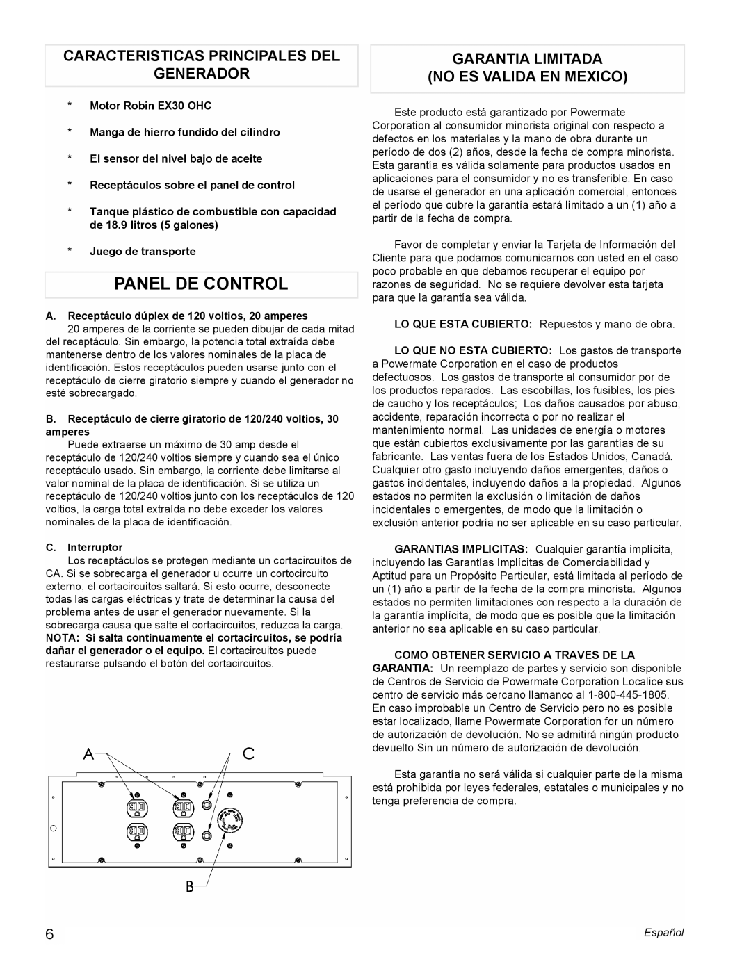 Powermate PM0435250 Panel DE Control, Caracteristicas Principales DEL Generador, Garantia Limitada No ES Valida EN Mexico 