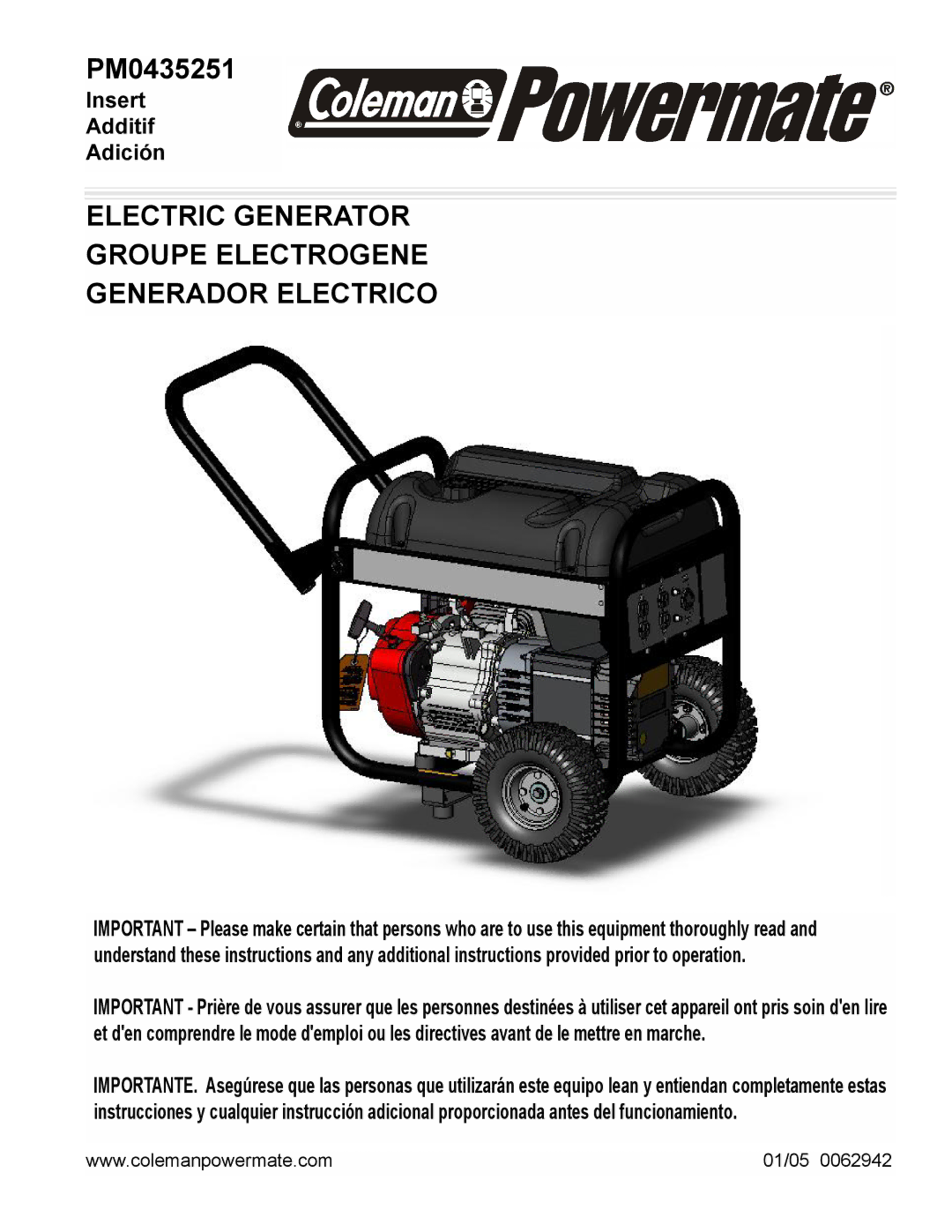 Powermate PM0435251 manual Electric Generator Groupe Electrogene Generador Electrico 