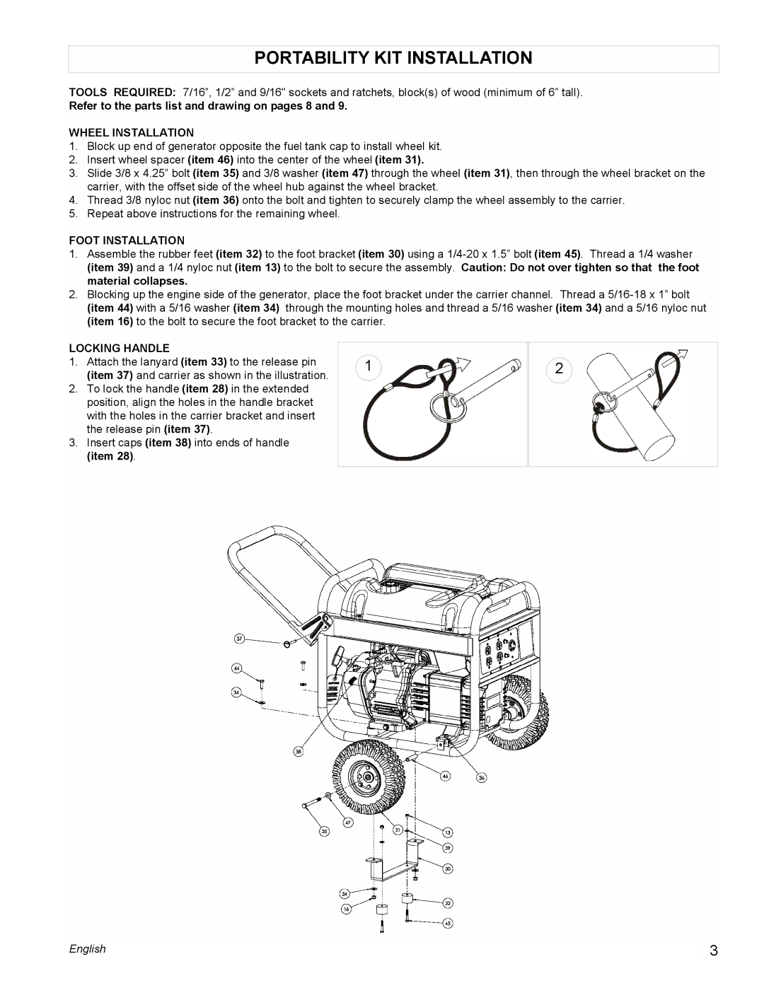 Powermate PM0435251 manual Portability KIT Installation, Refer to the parts list and drawing on pages 8, Wheel Installation 