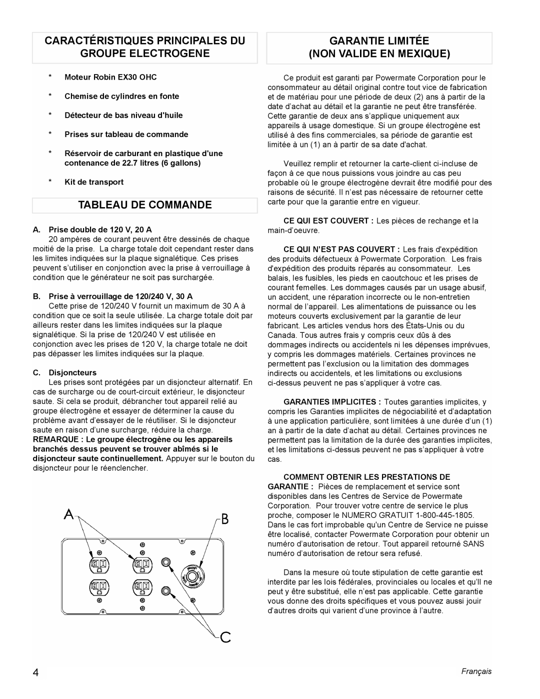 Powermate PM0435251 manual Caractéristiques Principales DU Groupe Electrogene, Tableau DE Commande 