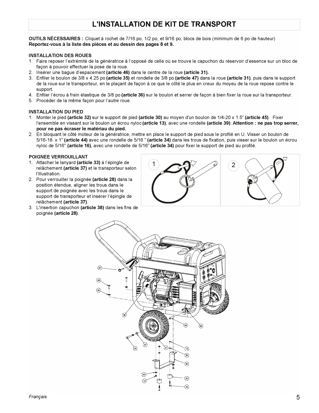 Powermate PM0435251 Linstallation DE KIT DE Transport, Installation DES Roues, Installation DU Pied, Poignee Verrouillant 