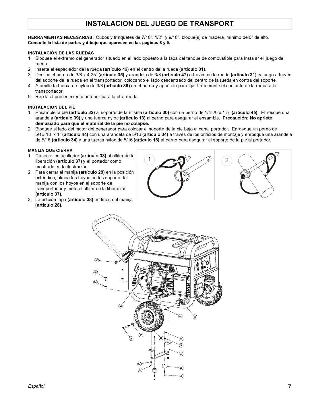 Powermate PM0435251 manual Instalacion DEL Juego DE Transport, Artículo 