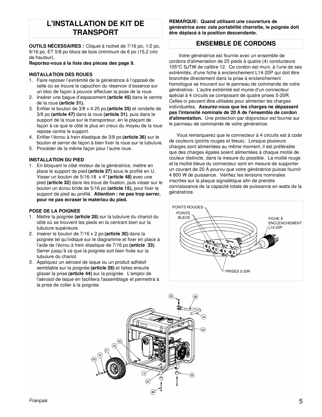 Powermate PM0435252 manual Linstallation De Kit De Transport, Ensemble De Cordons, Français 