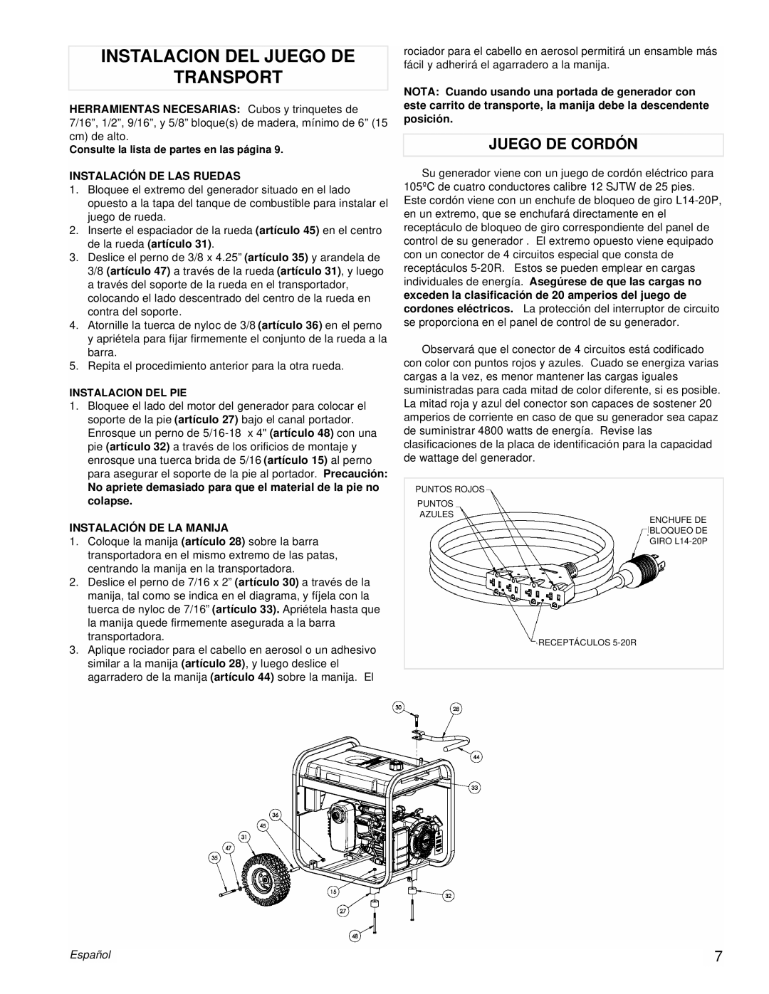 Powermate PM0435252 manual Instalacion Del Juego De Transport, Juego De Cordón, Español 