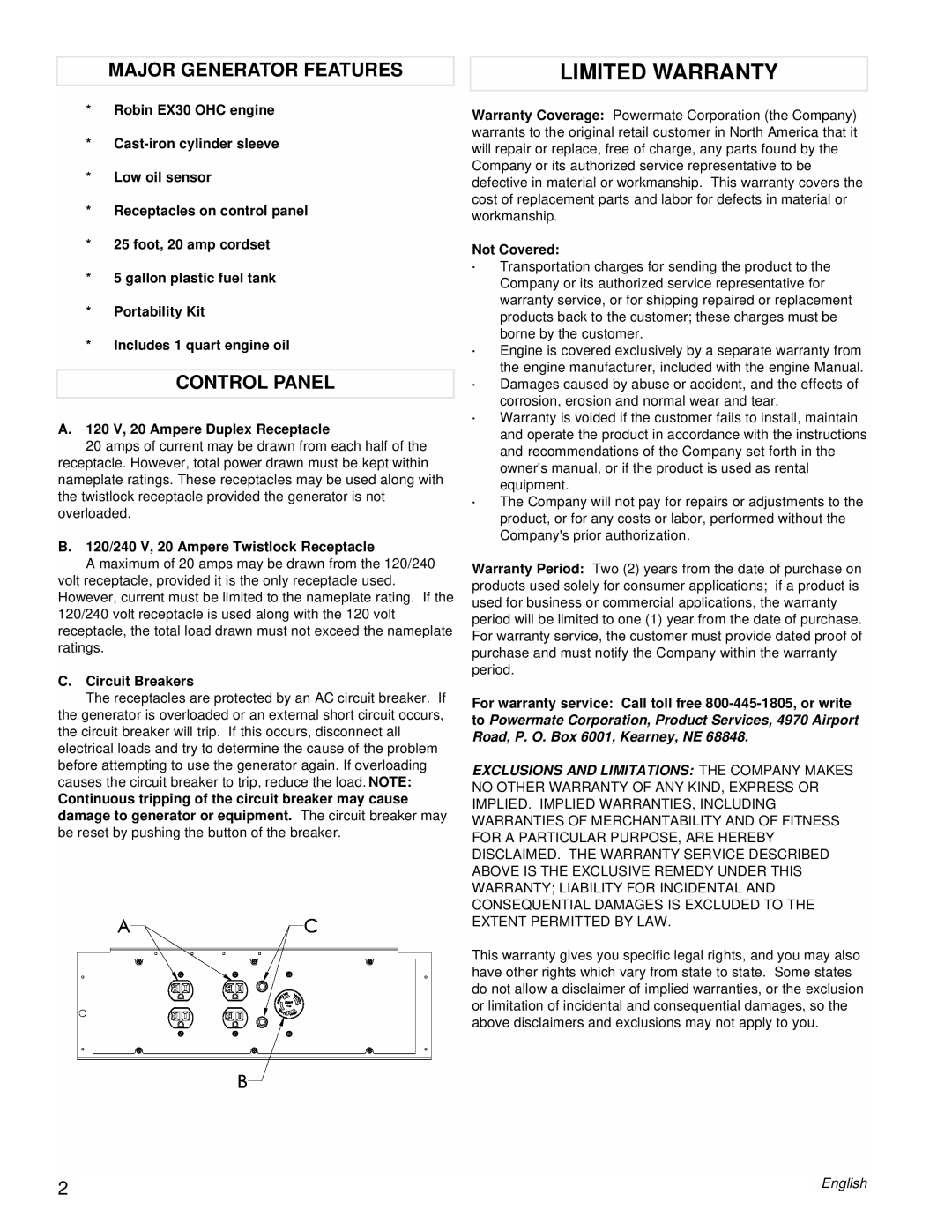 Powermate PM0435252 manual Limited Warranty, Major Generator Features, Control Panel 