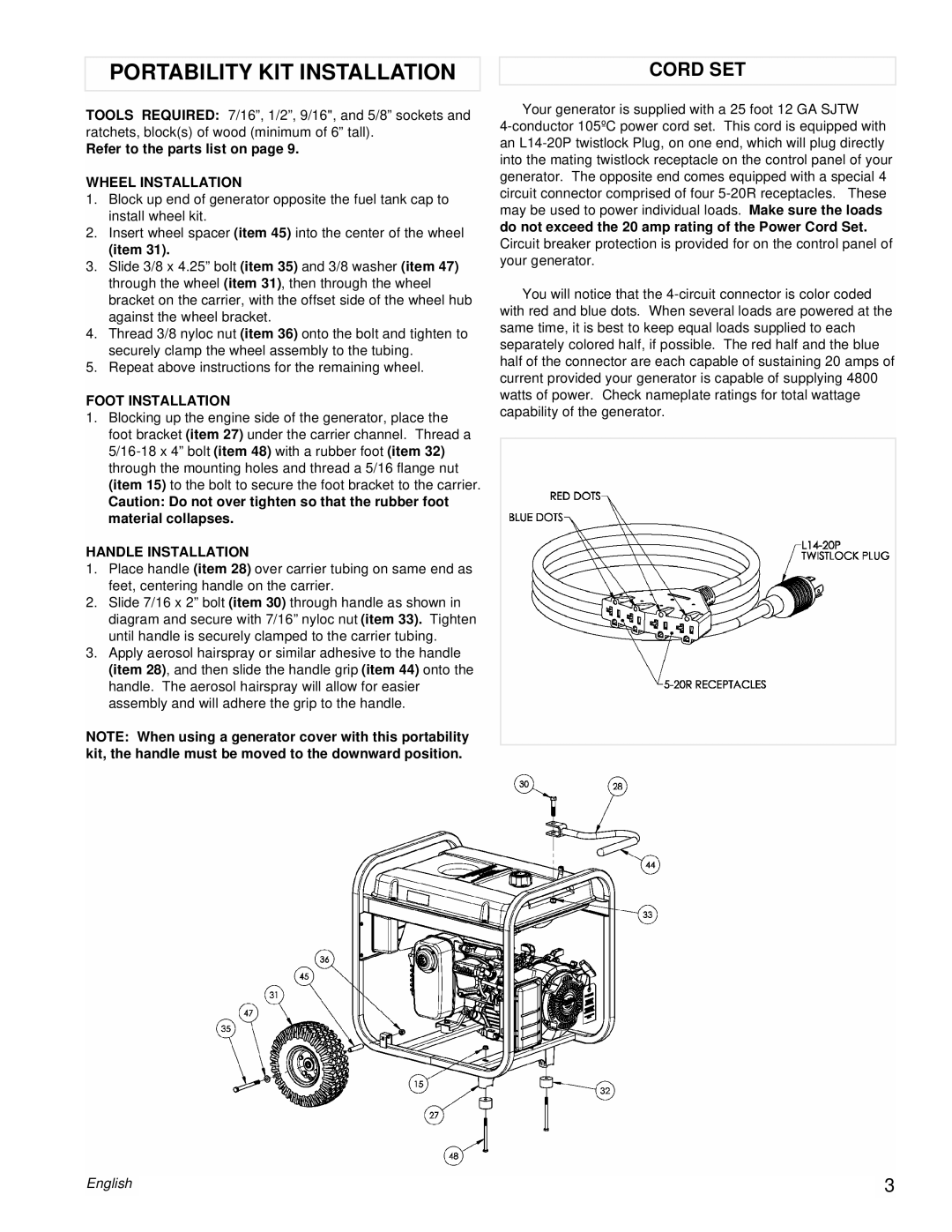 Powermate PM0435252 Portability KIT Installation, Cord SET, Wheel Installation, Foot Installation, Handle Installation 