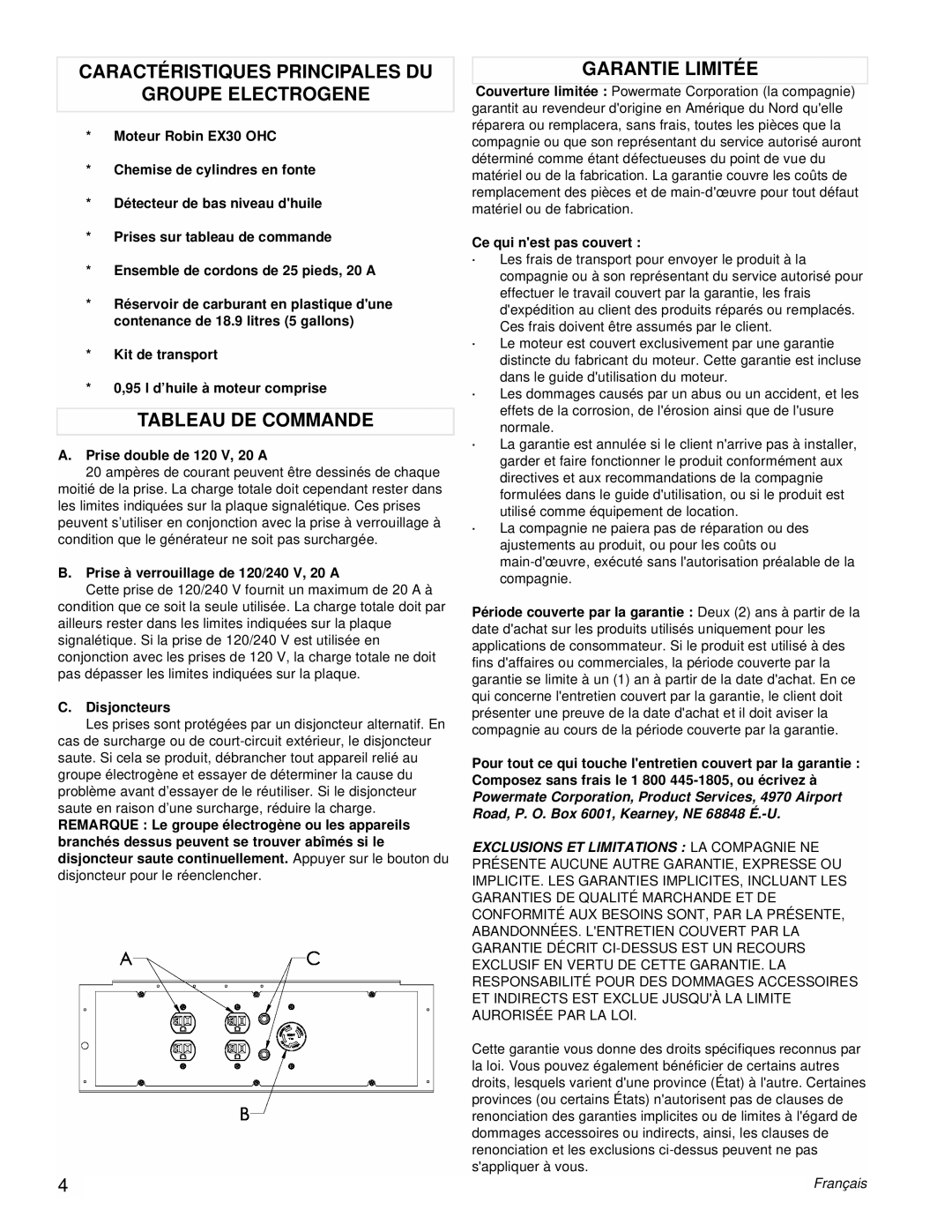 Powermate PM0435252 manual Caractéristiques Principales DU Groupe Electrogene, Tableau DE Commande, Garantie Limitée 