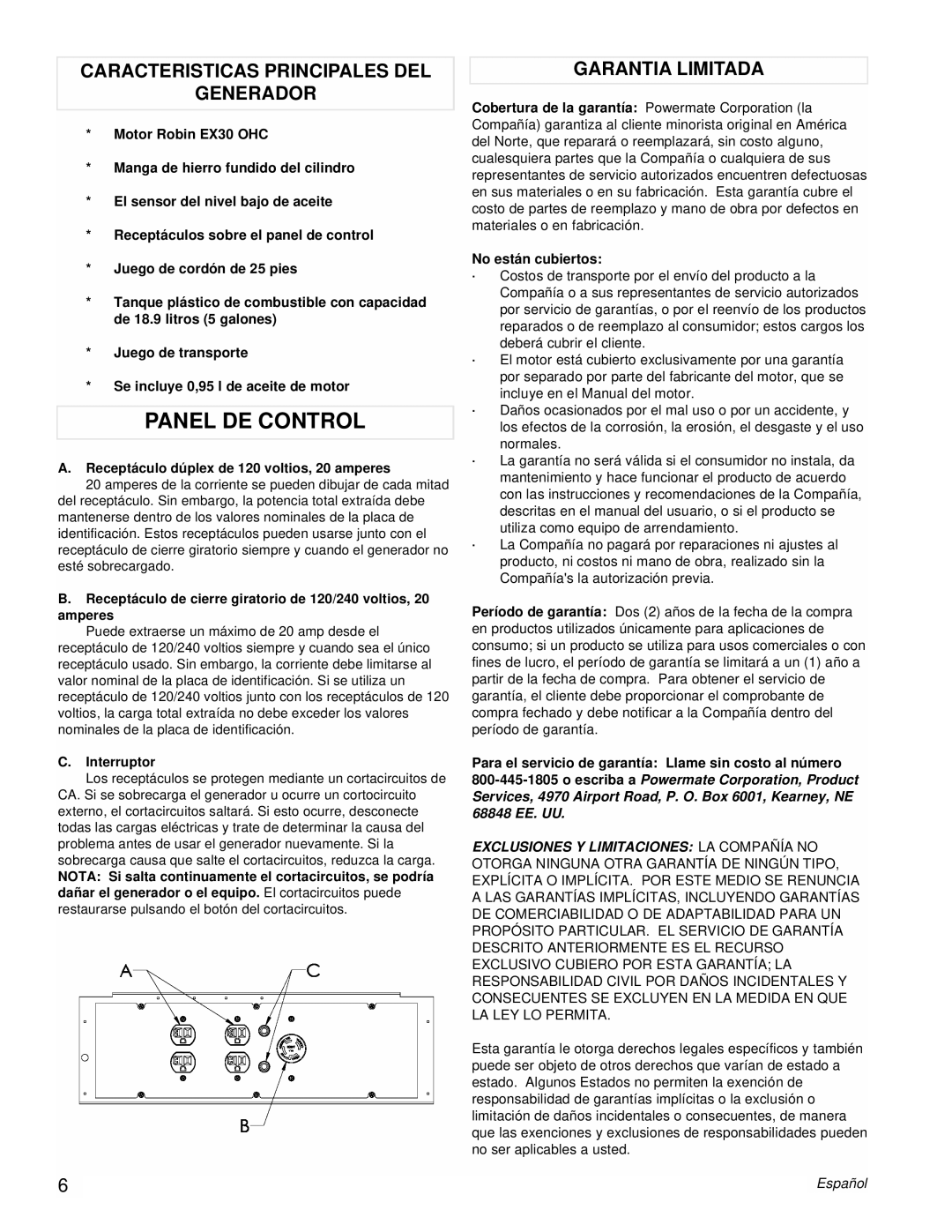 Powermate PM0435252 manual Panel DE Control, Caracteristicas Principales DEL Generador, Garantia Limitada, Interruptor 