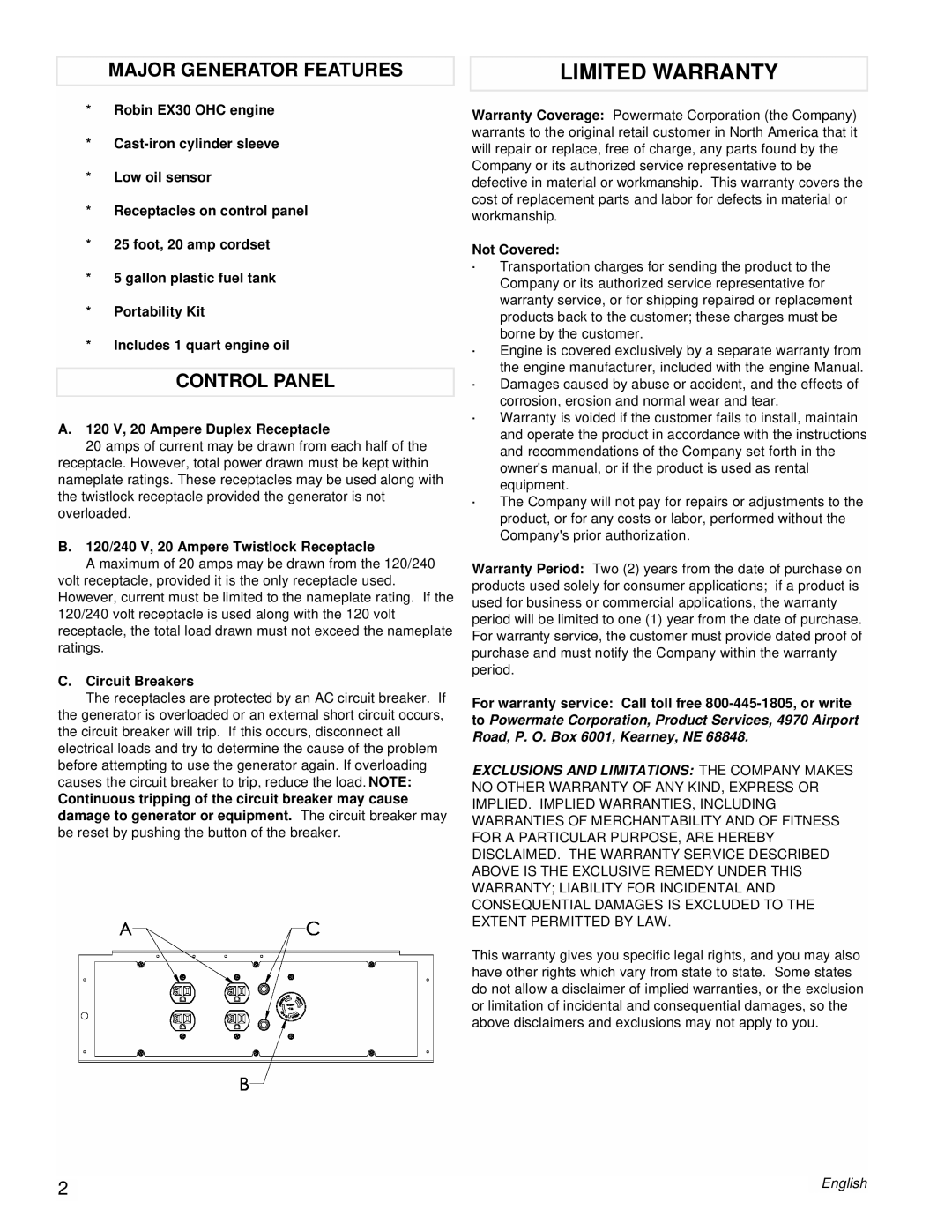 Powermate PM0435253 manual Limited Warranty, Major Generator Features, Control Panel 