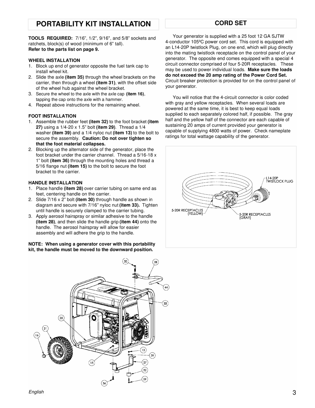 Powermate PM0435253 Portability KIT Installation, Cord SET, Wheel Installation, Foot Installation, Handle Installation 