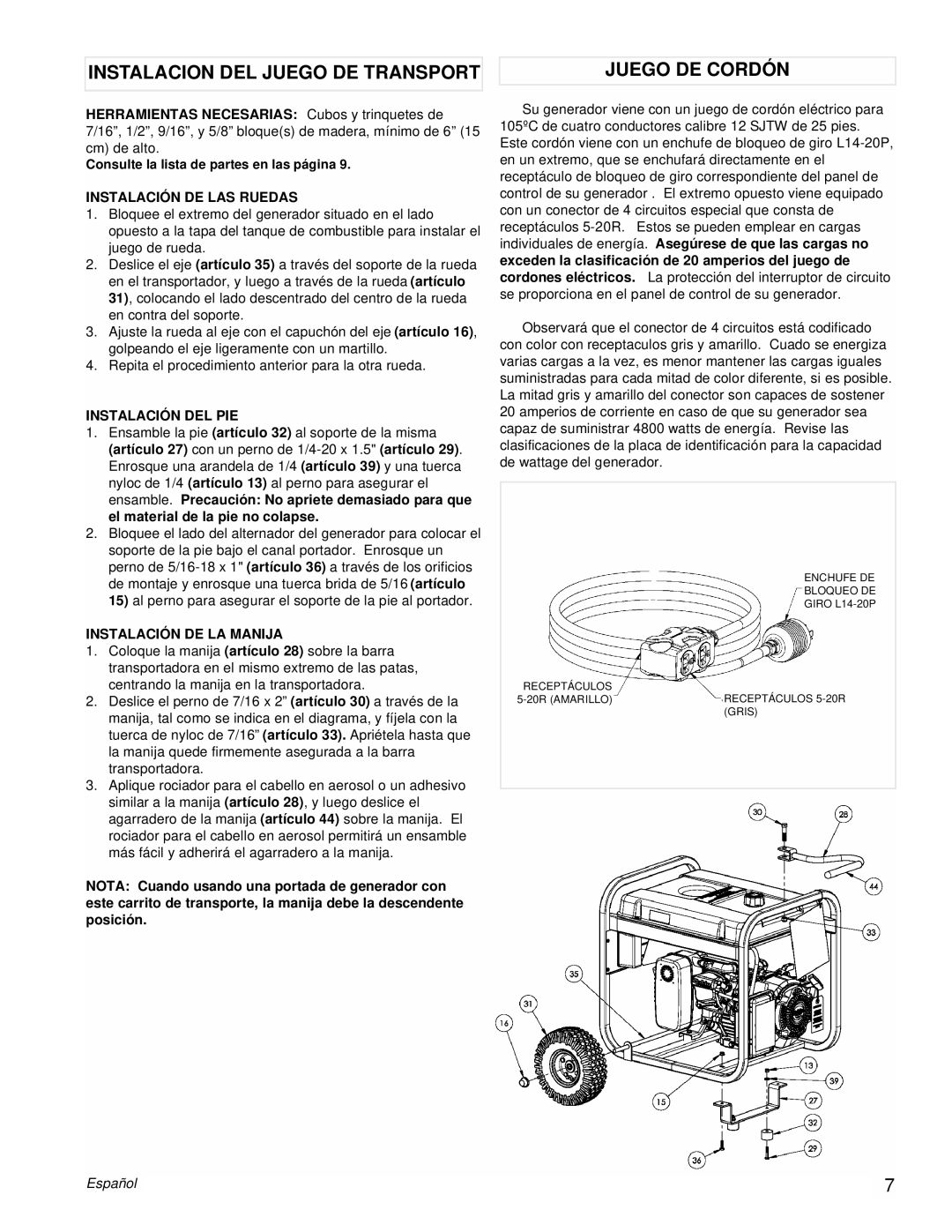 Powermate PM0435253 Instalacion DEL Juego DE Transport Juego DE Cordón, Instalación DE LAS Ruedas, Instalación DEL PIE 