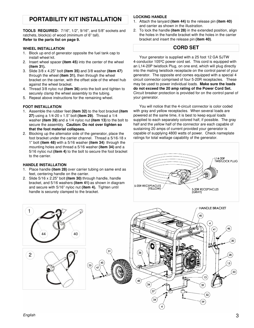 Powermate PM0435255 manual Portability Kit Installation, Cord Set, English 