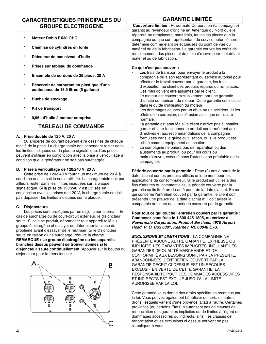 Powermate PM0435255 Caractéristiques Principales Du, Groupe Electrogene, Tableau De Commande, Garantie Limitée, Français 