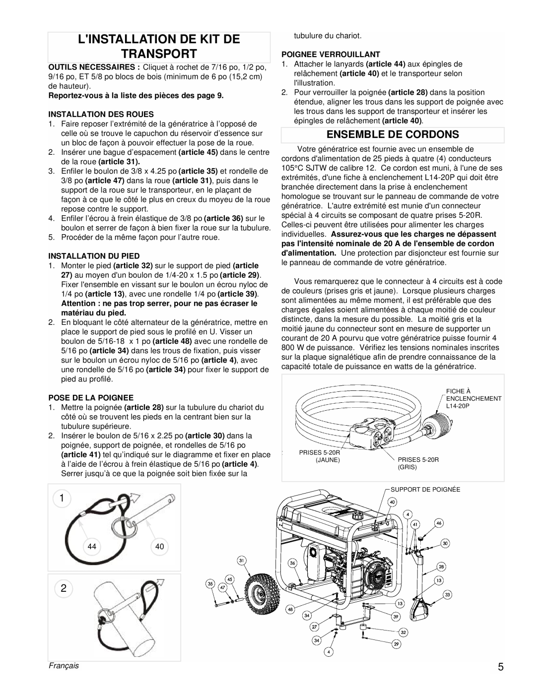 Powermate PM0435255 manual Linstallation De Kit De Transport, Ensemble De Cordons, Français 
