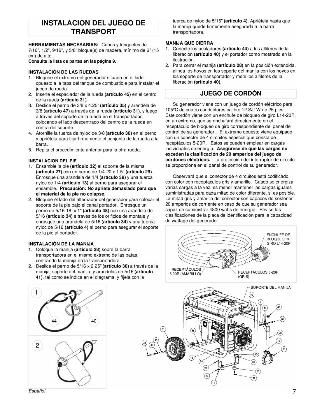 Powermate PM0435255 manual Instalacion Del Juego De Transport, Juego De Cordón, Español 