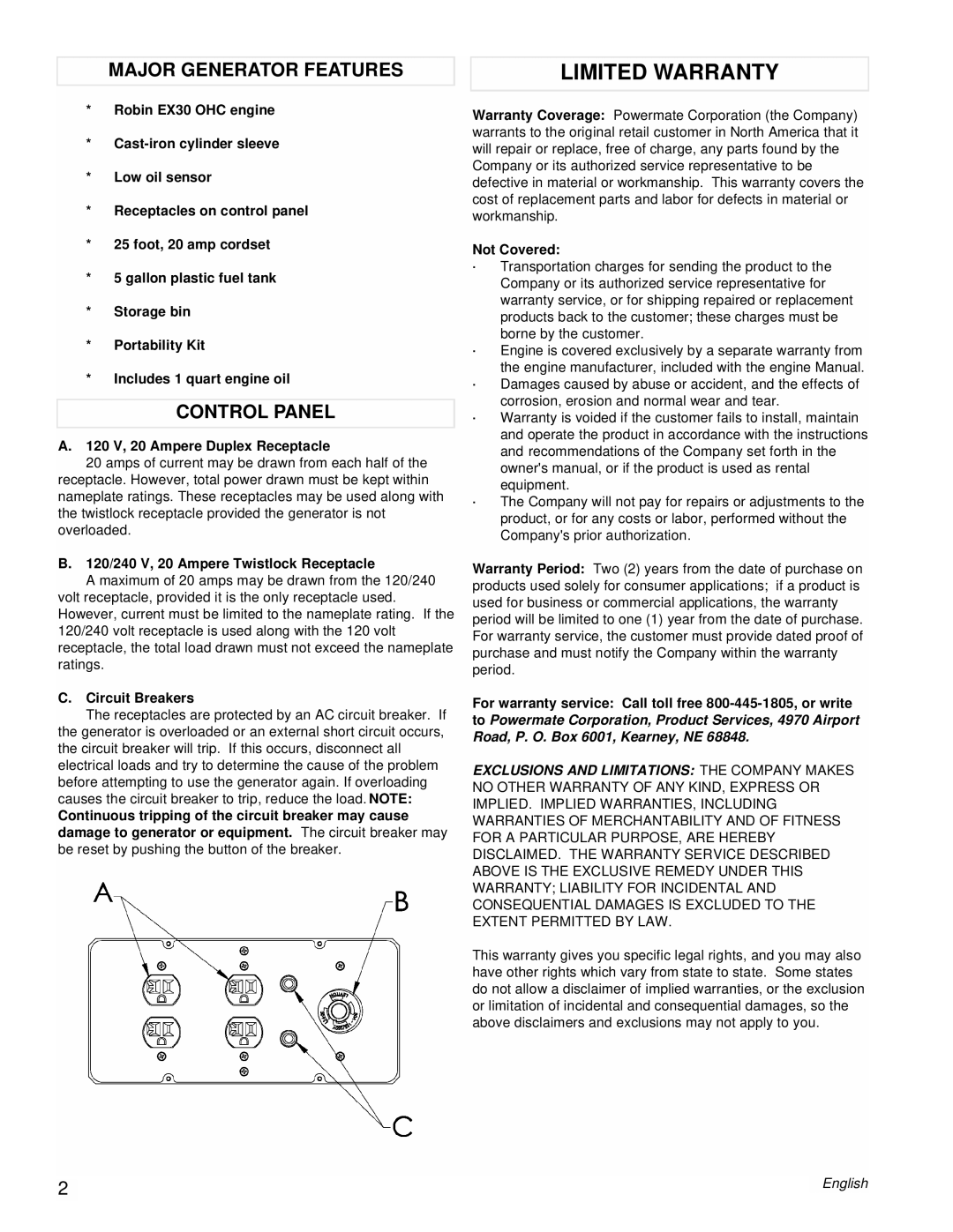 Powermate PM0435255 manual Limited Warranty, Major Generator Features, Control Panel 