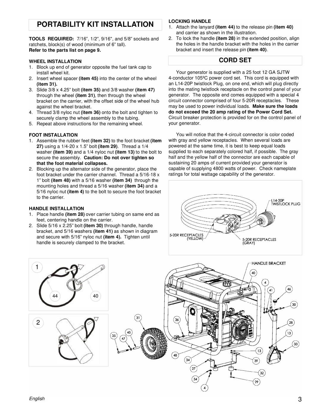 Powermate PM0435255 manual Portability KIT Installation, Cord SET 