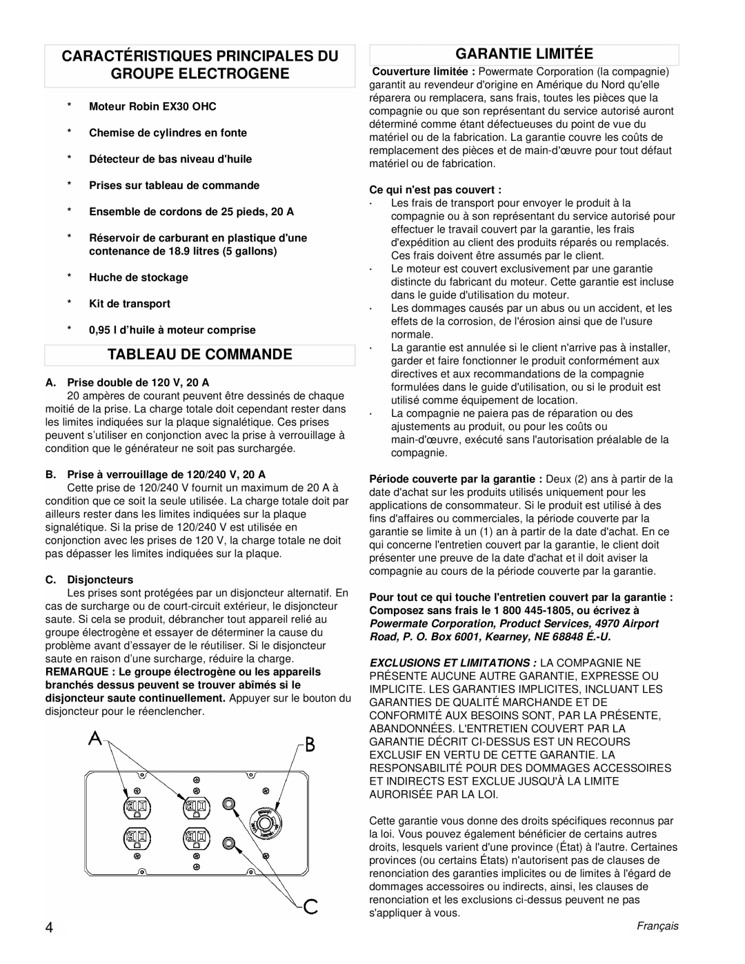 Powermate PM0435255 manual Caractéristiques Principales DU Groupe Electrogene, Tableau DE Commande, Garantie Limitée 