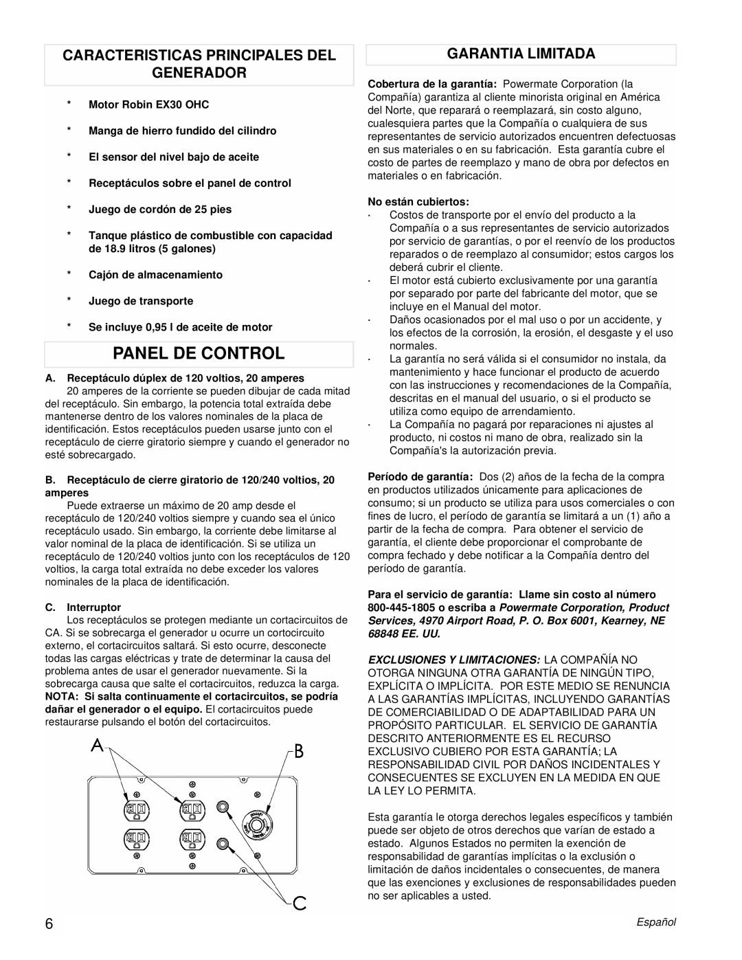 Powermate PM0435255 manual Panel DE Control, Caracteristicas Principales DEL Generador, Garantia Limitada, Interruptor 