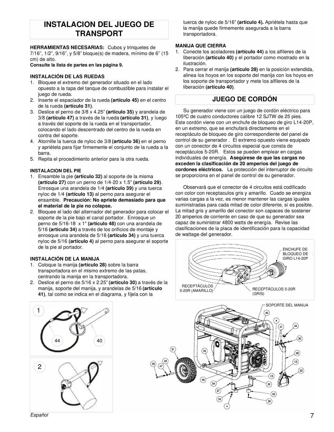 Powermate PM0435255 Instalacion DEL Juego DE Transport, Juego DE Cordón, Instalación DE LAS Ruedas, Manija QUE Cierra 