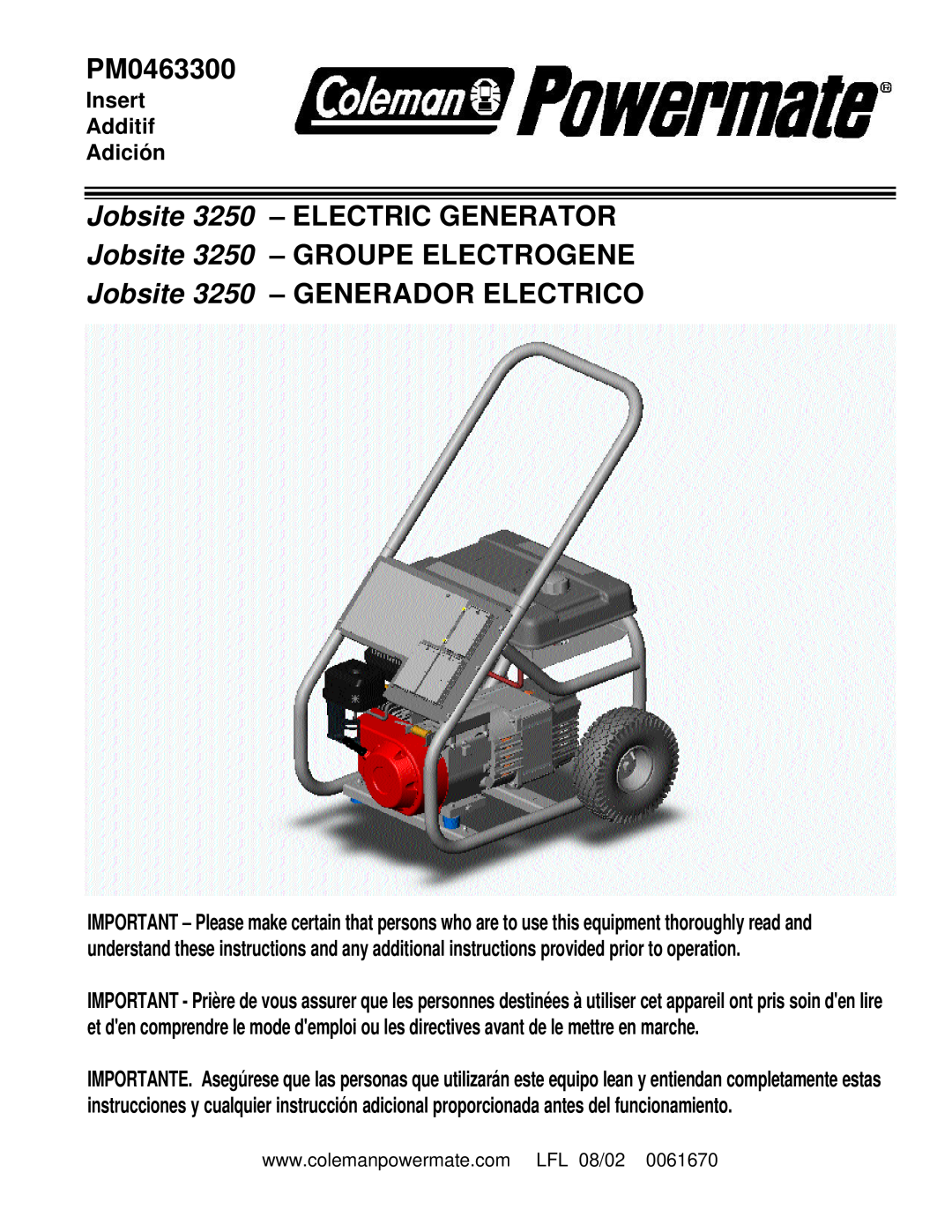 Powermate PM0463300 manual Jobsite 3250 - ELECTRIC GENERATOR, Jobsite 3250 - GROUPE ELECTROGENE, Insert Additif Adición 