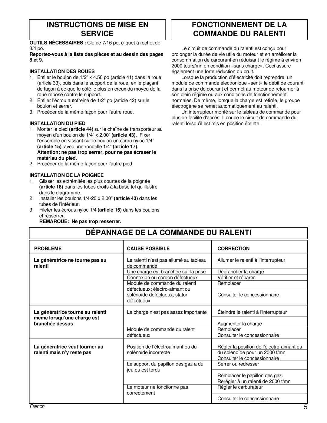 Powermate PM0463300 manual Instructions De Mise En Service, Fonctionnement De La Commande Du Ralenti, French 