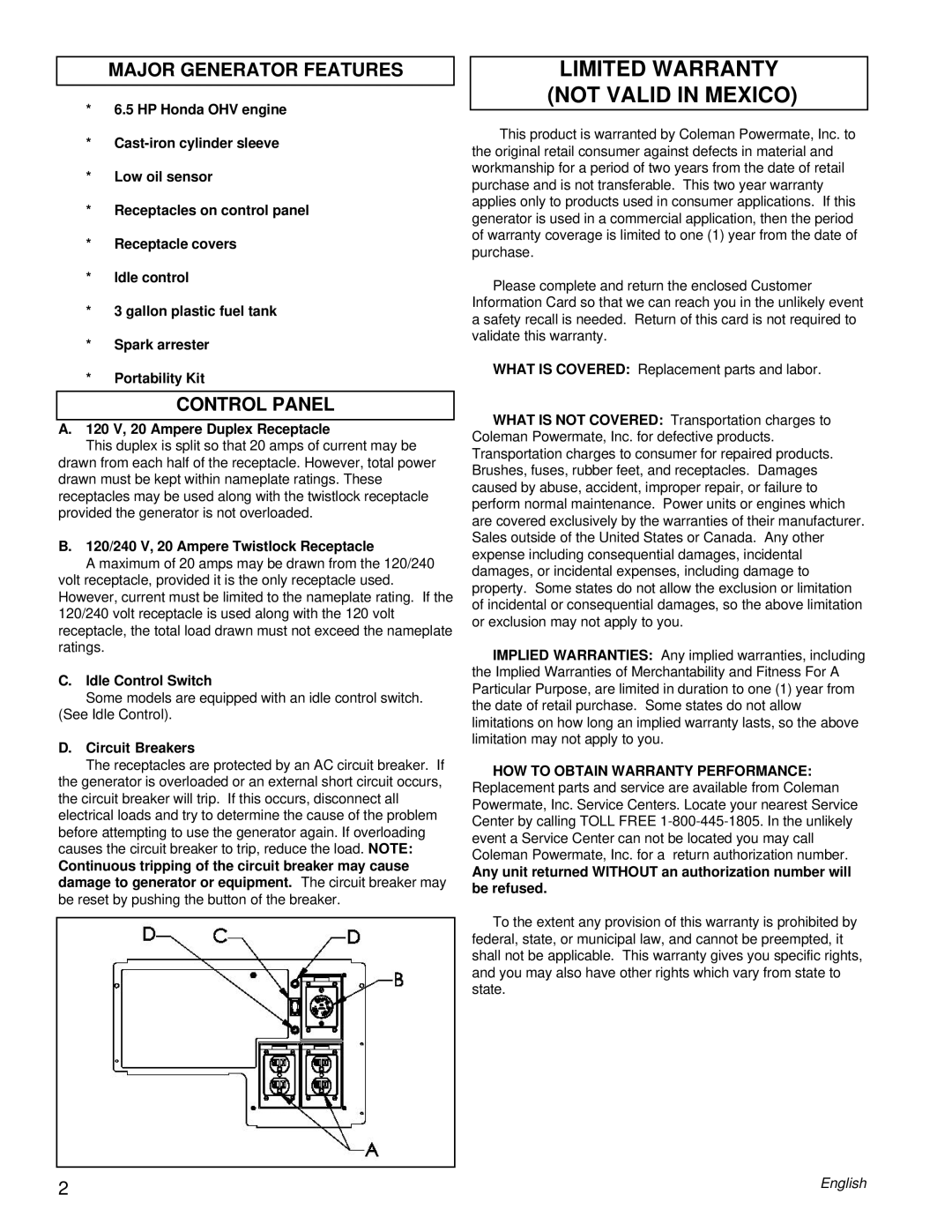 Powermate PM0463300 manual Limited Warranty not Valid in Mexico, Major Generator Features, Control Panel 