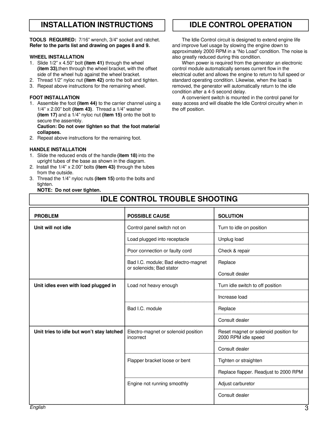 Powermate PM0463300 manual Installation Instructions, Idle Control Operation, Idle Control Trouble Shooting 