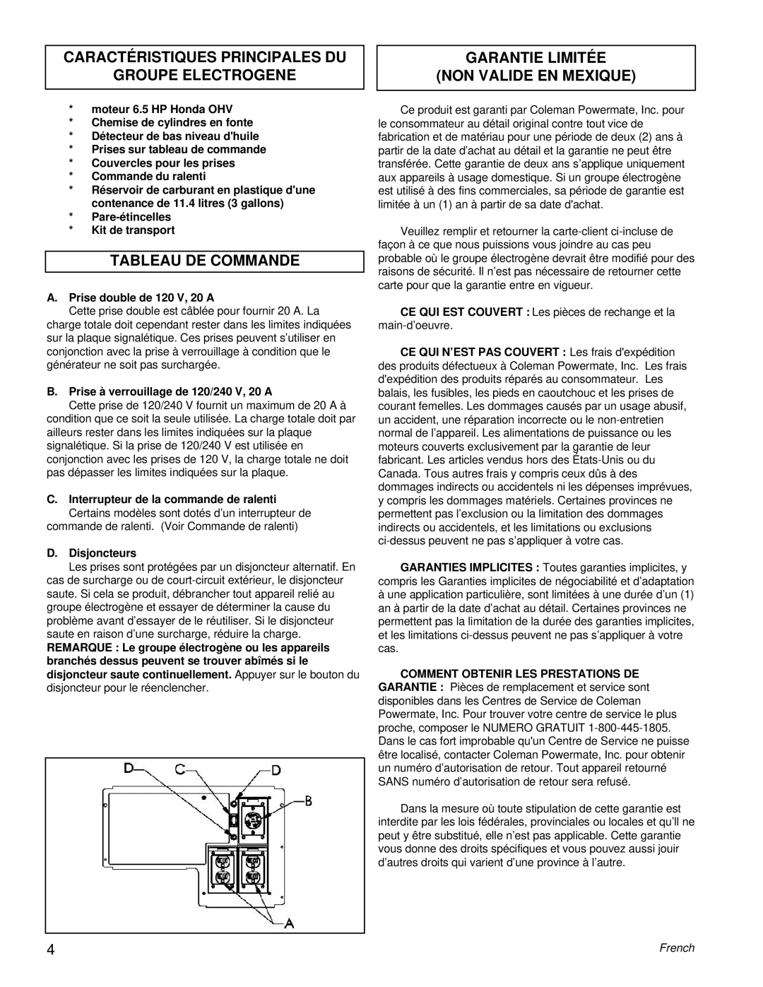 Powermate PM0463300 manual Caractéristiques Principales DU Groupe Electrogene, Tableau DE Commande 