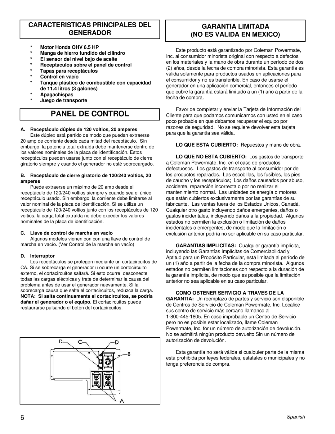 Powermate PM0463300 Panel DE Control, Caracteristicas Principales DEL Generador, Garantia Limitada No ES Valida EN Mexico 