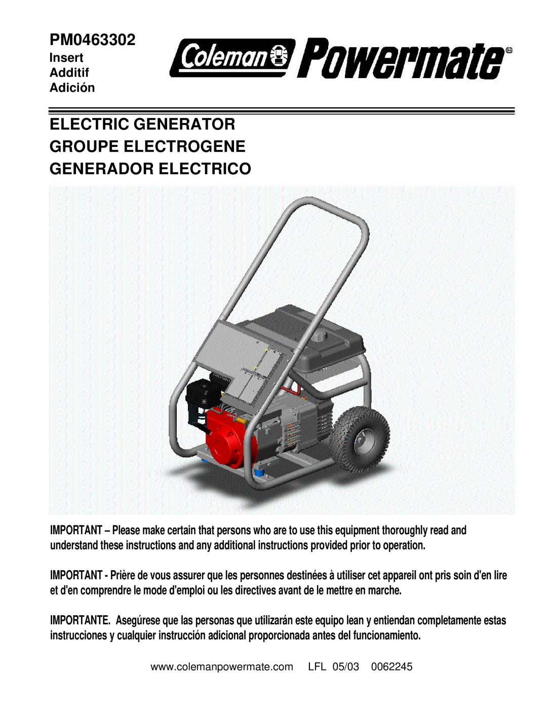 Powermate PM0463302 manual Electric Generator Groupe Electrogene, Generador Electrico, Insert Additif Adición 