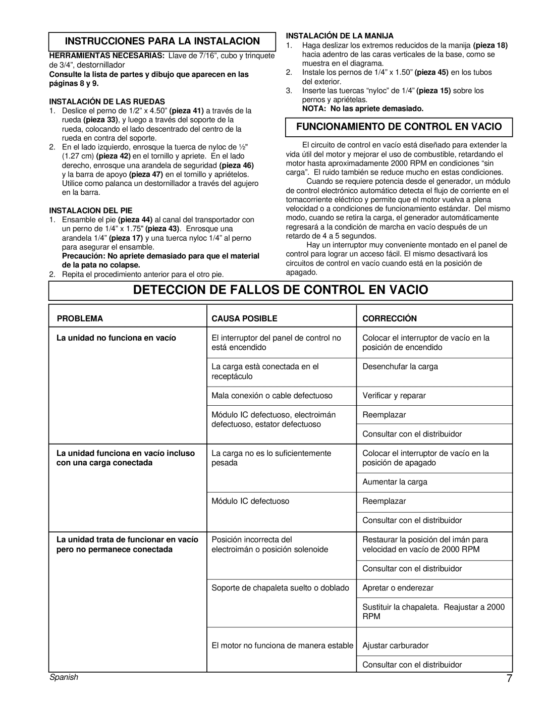 Powermate PM0463302 manual Deteccion De Fallos De Control En Vacio, Instrucciones Para La Instalacion, Spanish 