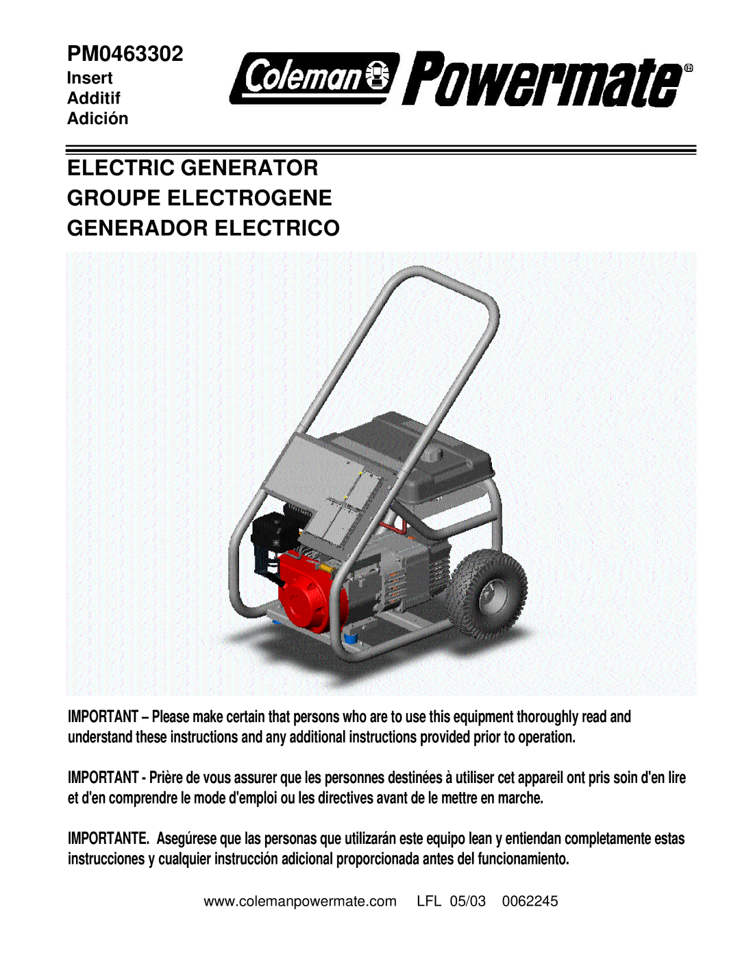 Powermate PM0463302 manual Electric Generator Groupe Electrogene Generador Electrico 