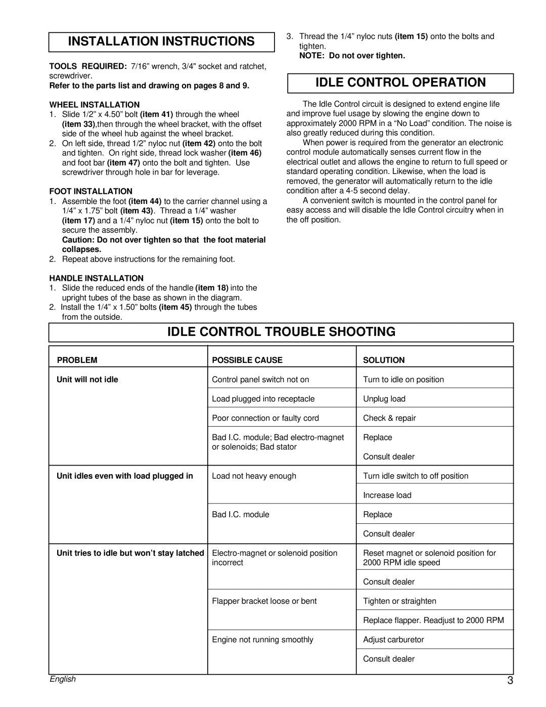 Powermate PM0463302 manual Installation Instructions, Idle Control Operation, Idle Control Trouble Shooting 