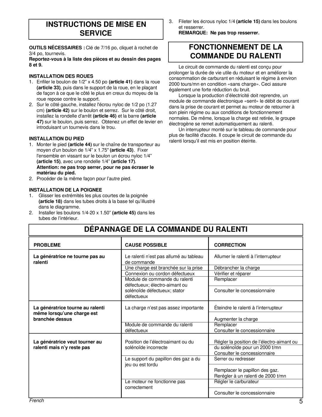 Powermate PM0463302 manual Instructions DE Mise EN Service, Fonctionnement DE LA Commande DU Ralenti 