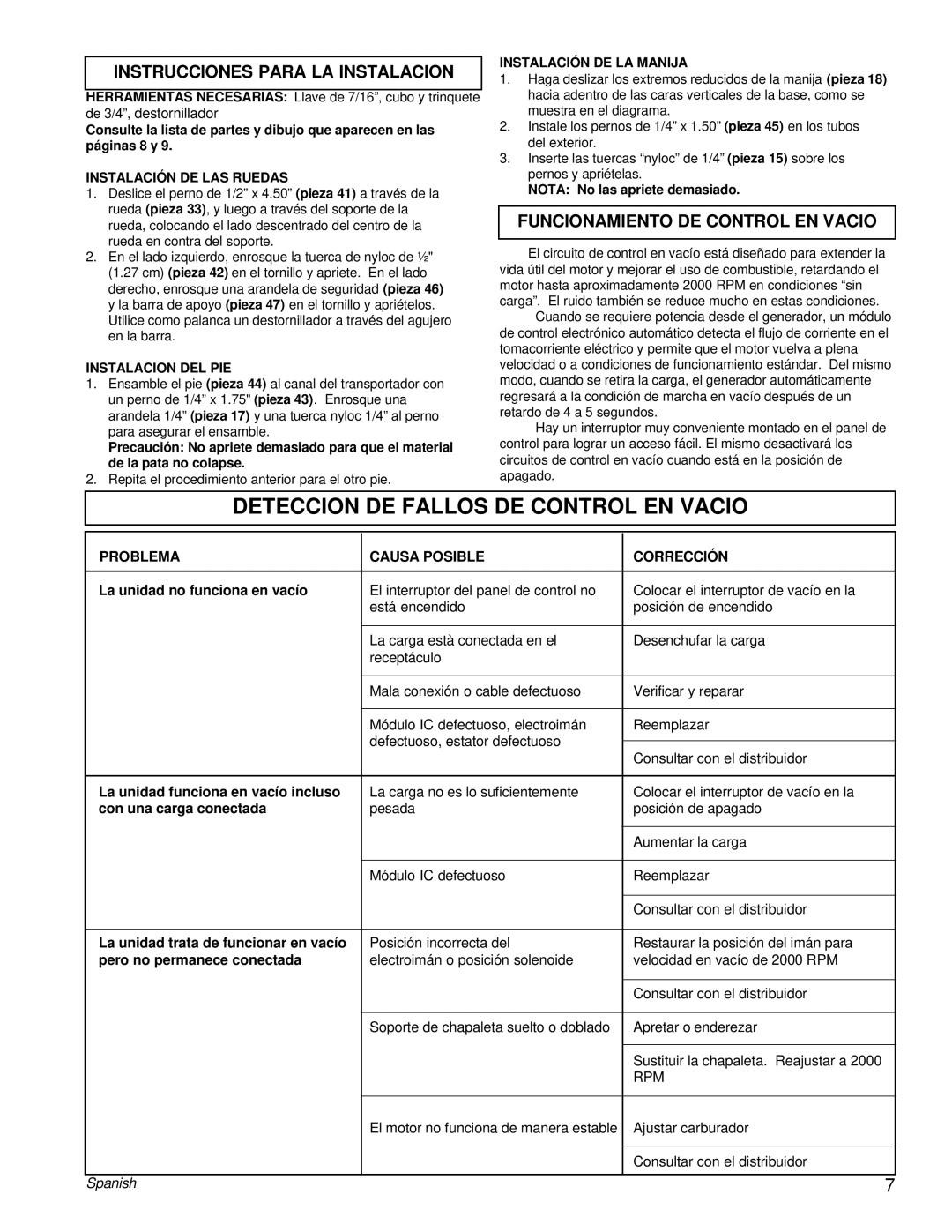 Powermate PM0463302 manual Deteccion DE Fallos DE Control EN Vacio, Instalación DE LAS Ruedas, Instalacion DEL PIE 