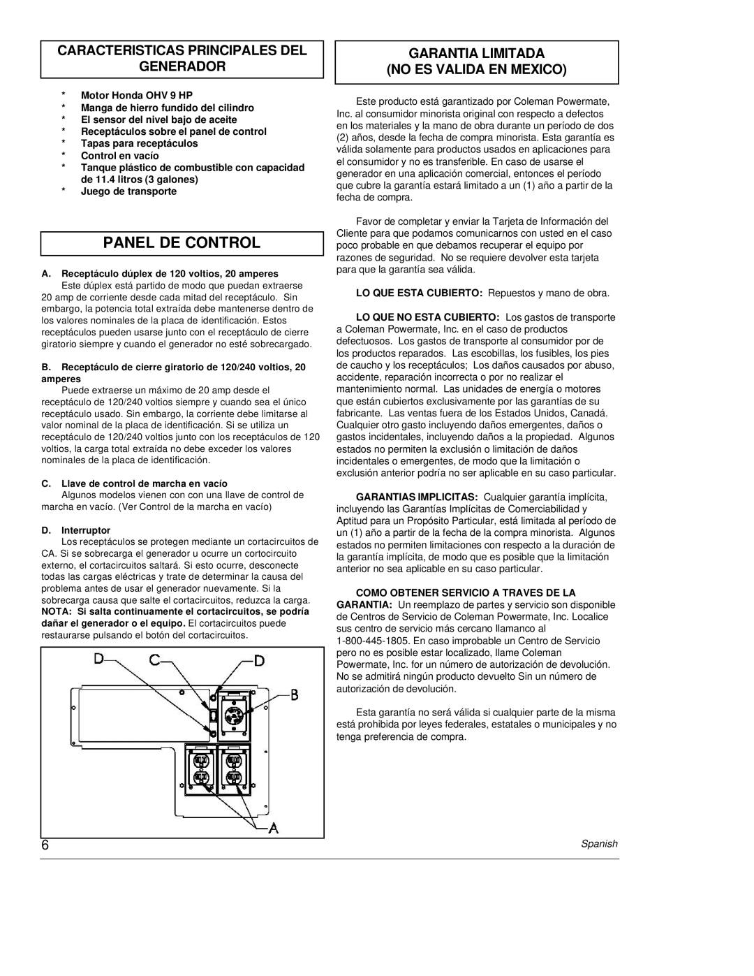 Powermate PM0464500 Panel DE Control, Caracteristicas Principales DEL Generador, Garantia Limitada No ES Valida EN Mexico 