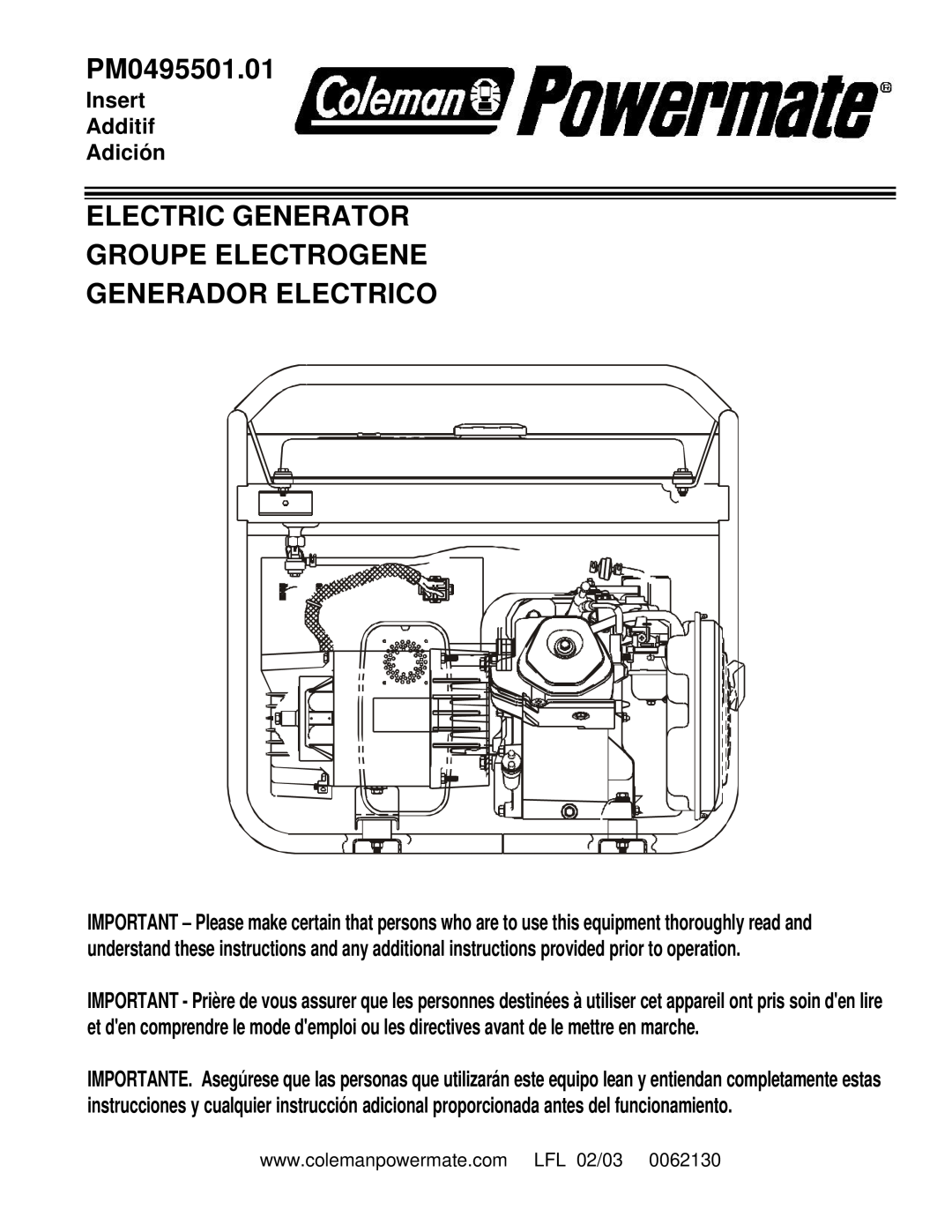 Powermate PM0495501.01 manual Electric Generator Groupe Electrogene Generador Electrico, Insert Additif Adición 
