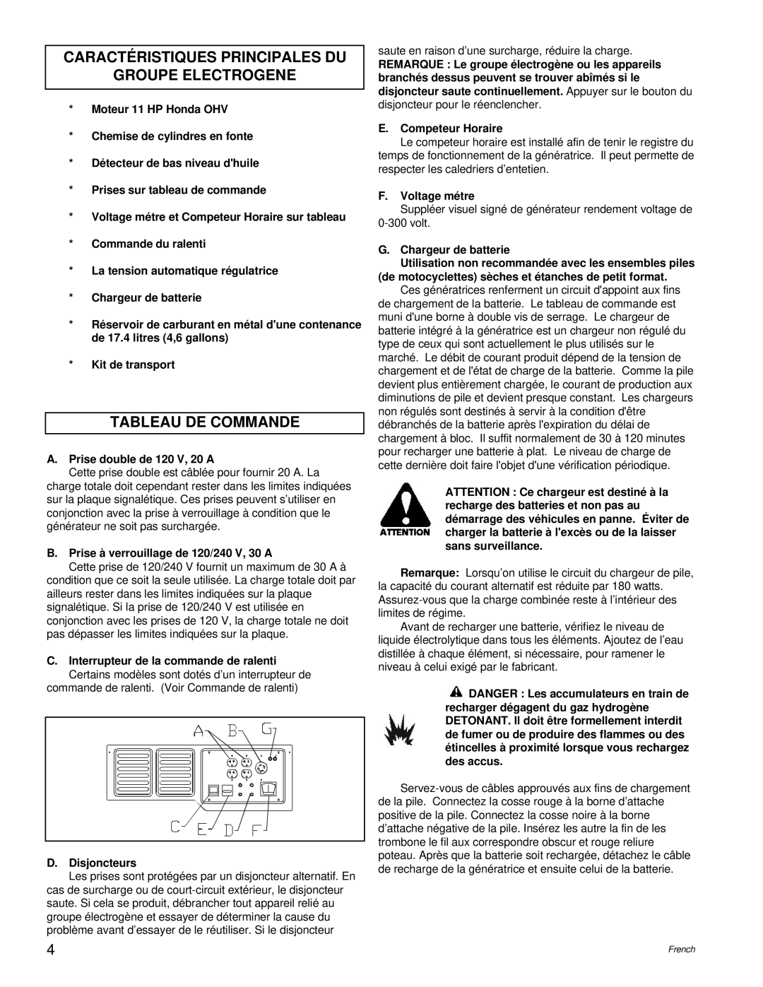 Powermate PM0495501.01 manual Caractéristiques Principales Du Groupe Electrogene, Tableau De Commande 