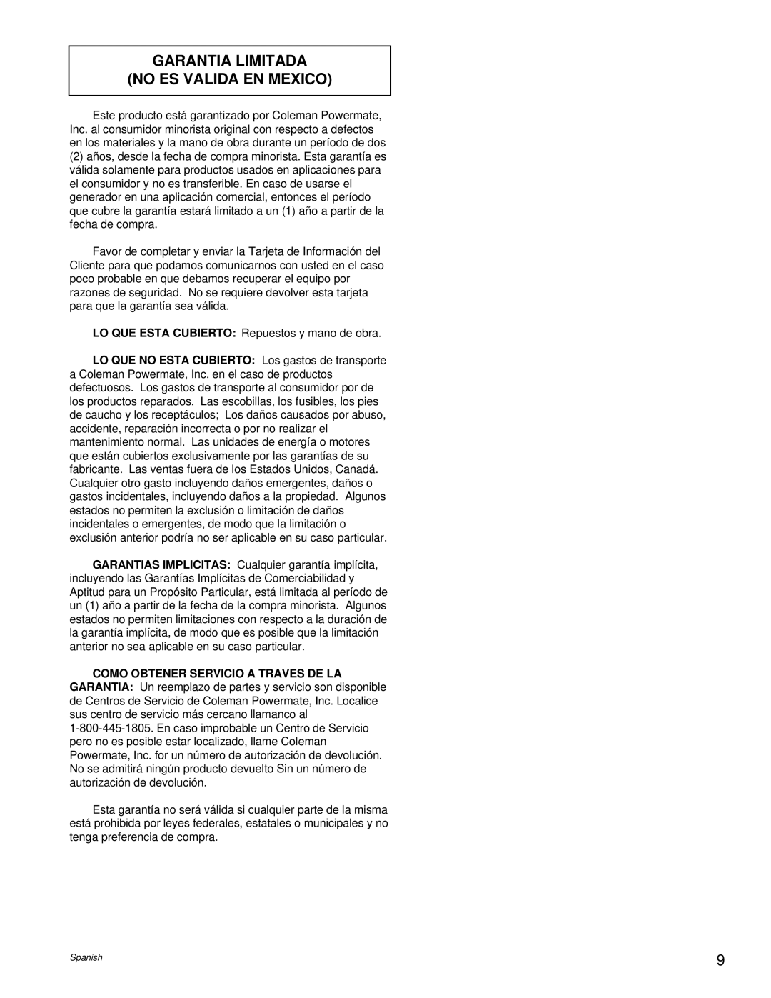 Powermate PM0495501.01 manual Garantia Limitada No Es Valida En Mexico 